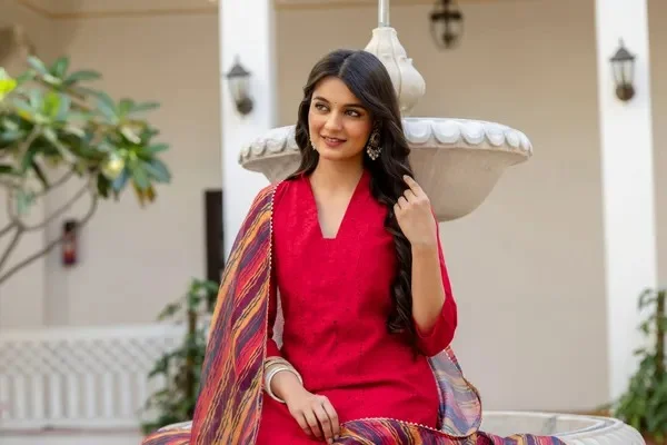 Product ID: lqUo8V9A  Red Roman Silk Chikankari Kurti Pant Set with Kota Dupatta | Festive Ethnic Wear for Women 3