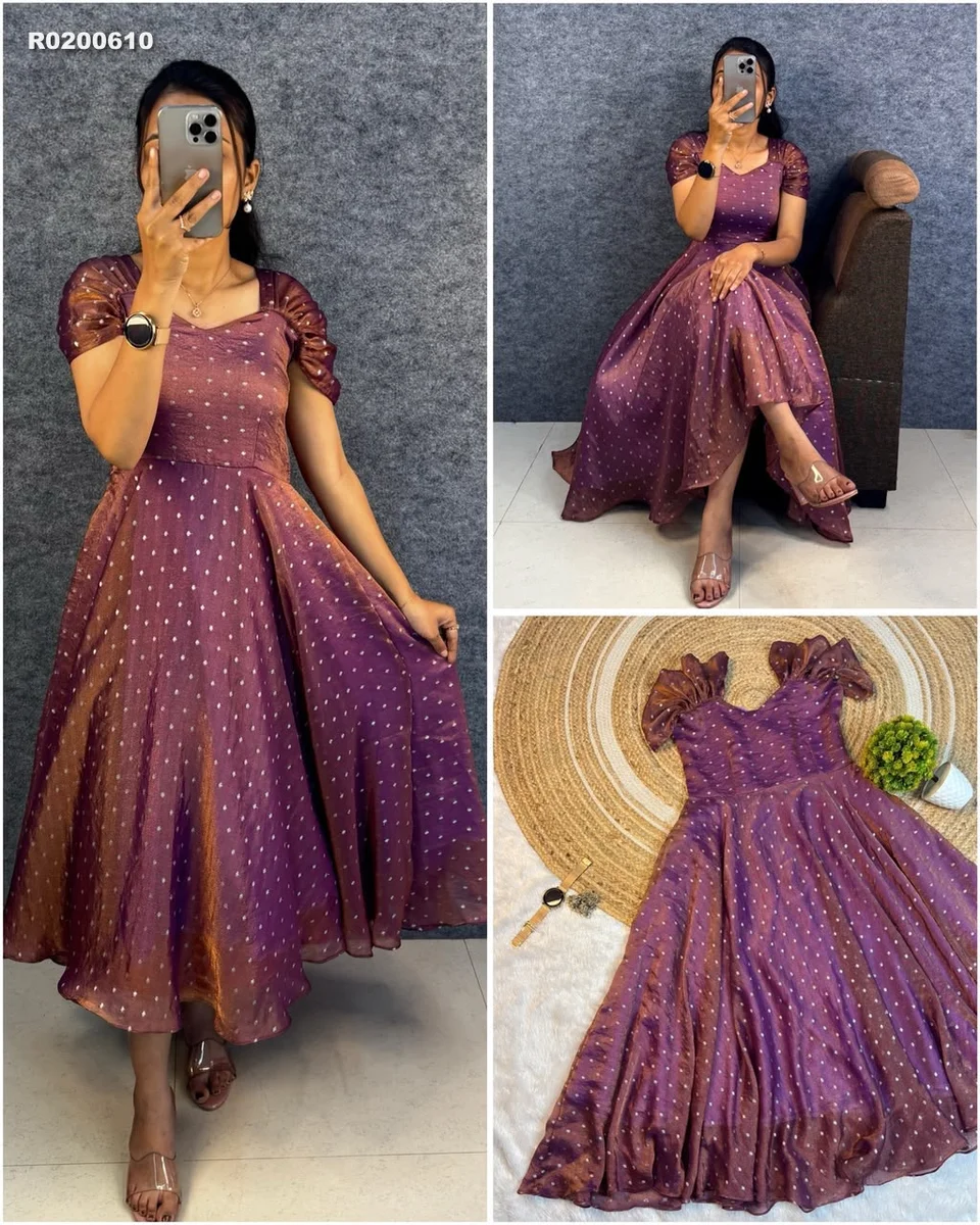 Rk ethinic ...Launching New Designer princess party wear Tissue butti midi gown