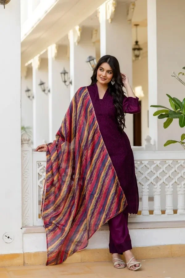 Product ID: jkk5roqd  Maroon Roman Silk Chikankari Kurti Pant Set with Kota Dupatta | Festive Ethnic Wear for Women 2