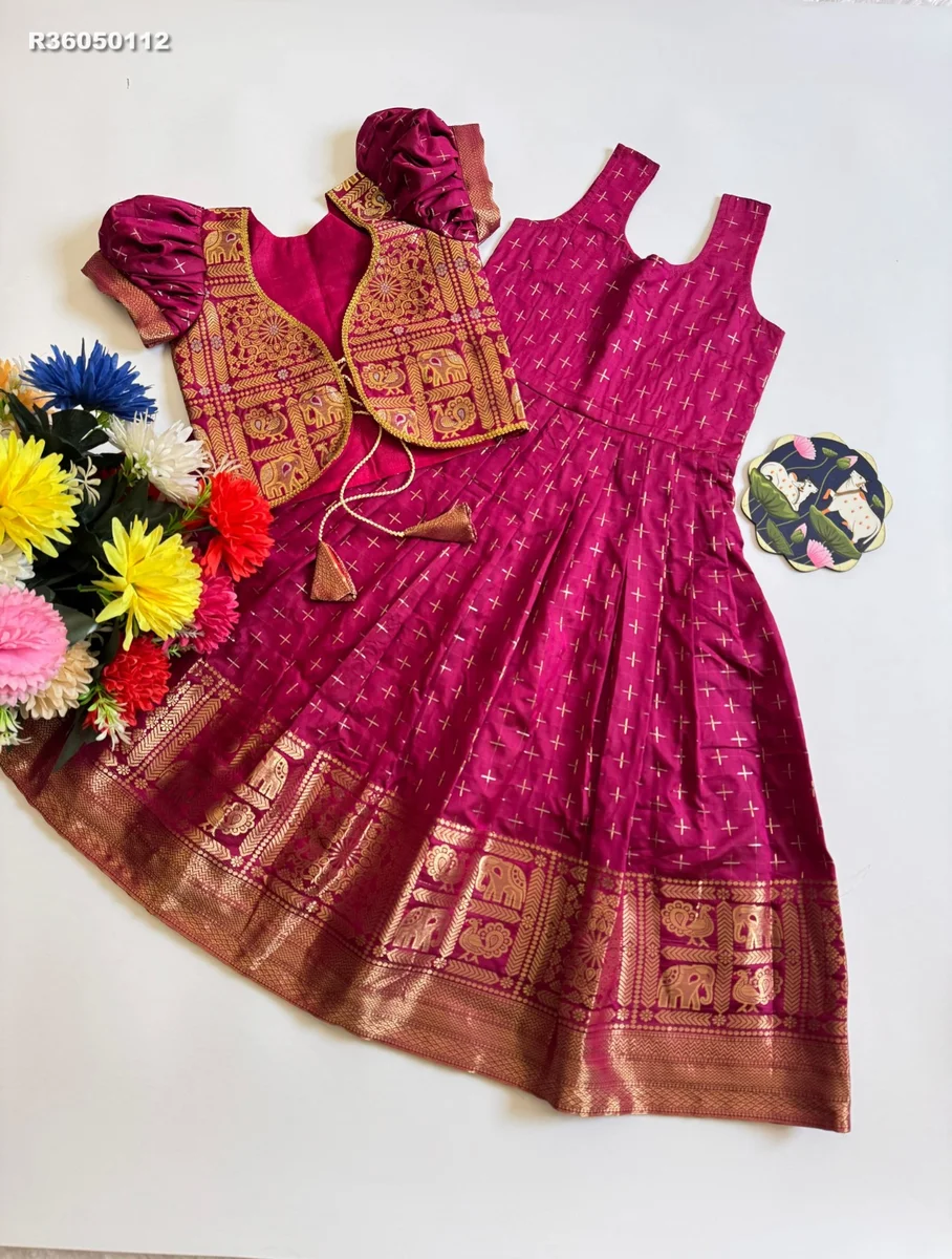 RK Ethinic...Gown:Soft Dola Silk Golden Zari Weaving jacquard  Border * Full Stitched 3