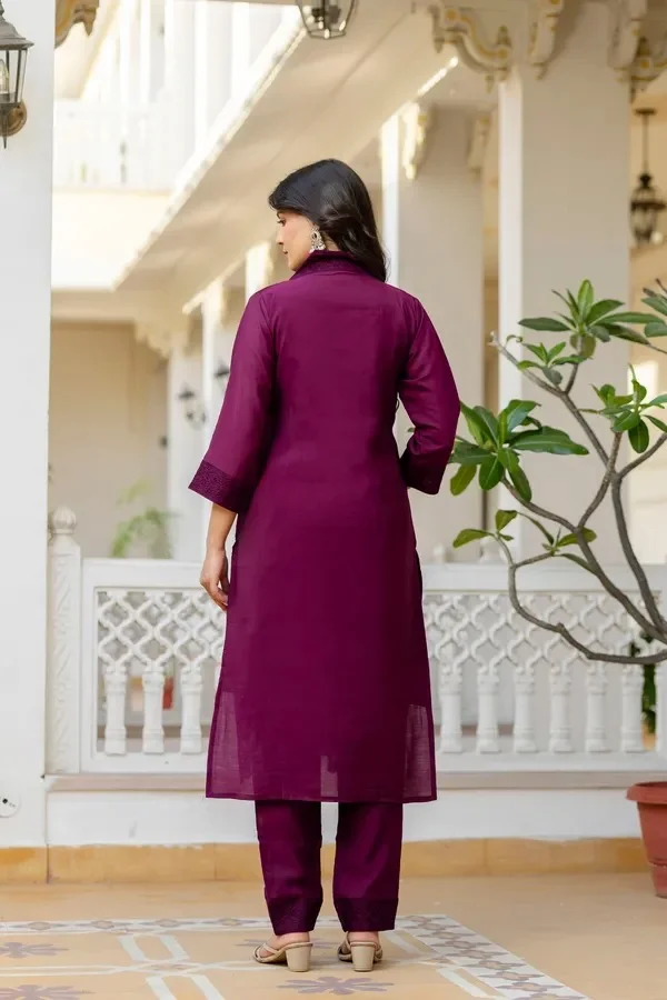 Product ID: jkk5roqd  Maroon Roman Silk Chikankari Kurti Pant Set with Kota Dupatta | Festive Ethnic Wear for Women 4