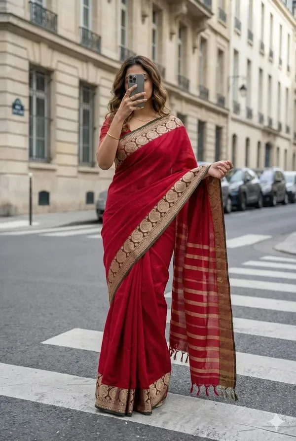 Product ID: zomioGO5  Mango thread Border mercerised naraynpet cotton 100% with 6.20 m saree & 0.80 cm running blouse red 4
