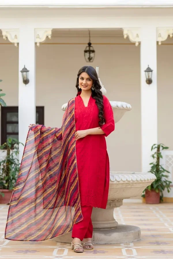 Product ID: lqUo8V9A  Red Roman Silk Chikankari Kurti Pant Set with Kota Dupatta | Festive Ethnic Wear for Women