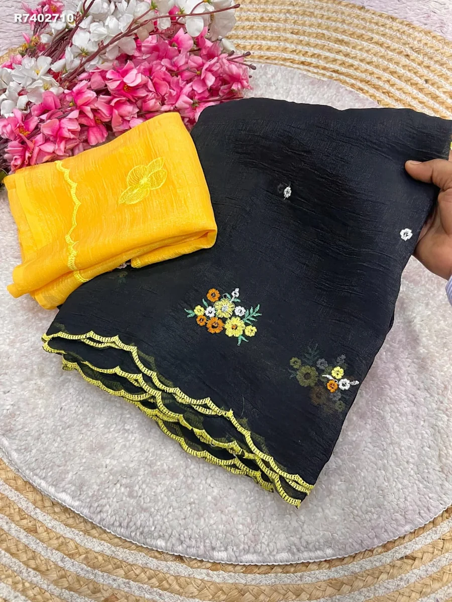 Rk ethinics....Fabric: Crunchy Chiffon  Blouse: Crunchy Chiffon With beautiful Multi Embroidery work 6