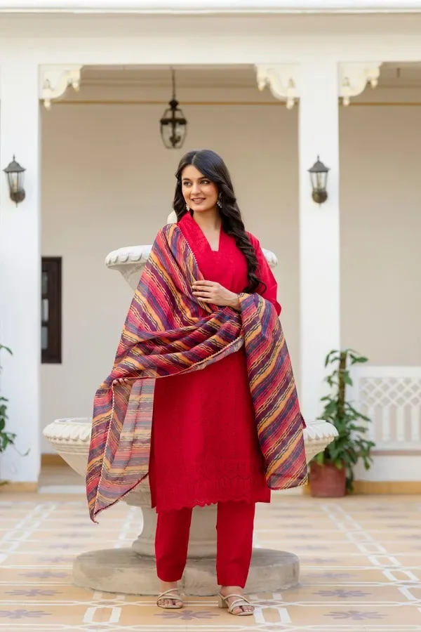 Product ID: lqUo8V9A  Red Roman Silk Chikankari Kurti Pant Set with Kota Dupatta | Festive Ethnic Wear for Women 4