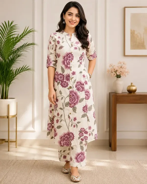 Product ID: jx7ruiAm  Women Floral Printed Pure Cotton A-Line Co-Ord Set with Ankle Length Pants 2