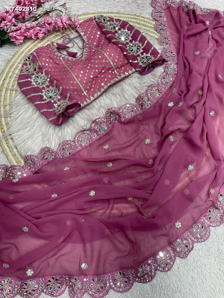 RK ethinics ...*Work *: -Fox Georgette With Embroidery work with Coding lace Border in saree With original mirror 2