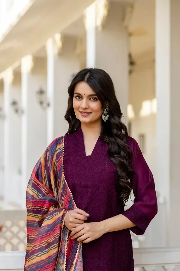 Product ID: jkk5roqd  Maroon Roman Silk Chikankari Kurti Pant Set with Kota Dupatta | Festive Ethnic Wear for Women 8