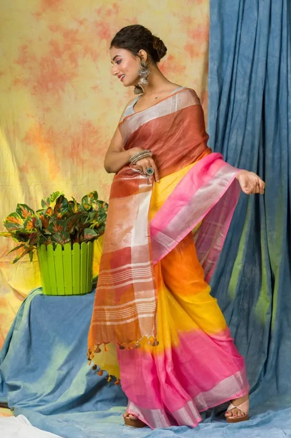 Product ID: 0W-Q1G8y  Multi Color Dye Handloom Linen Bhagalpuri Saree for women's