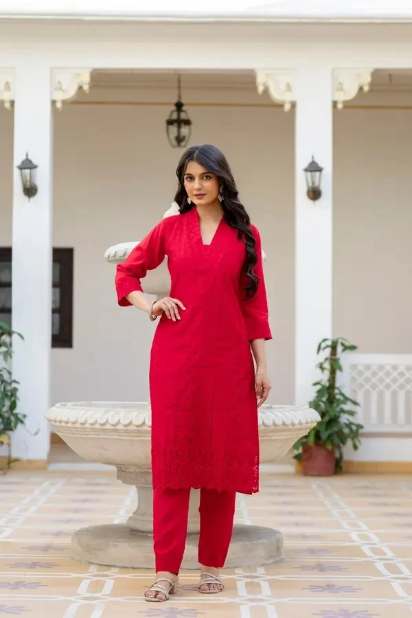 Product ID: lqUo8V9A  Red Roman Silk Chikankari Kurti Pant Set with Kota Dupatta | Festive Ethnic Wear for Women 5