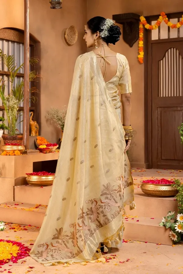 Product ID: DPlnwu-V  Premium Soft Muga Cotton sarees with Beautiful ?Colourfull Resham Weaving Peacock Design Pallu