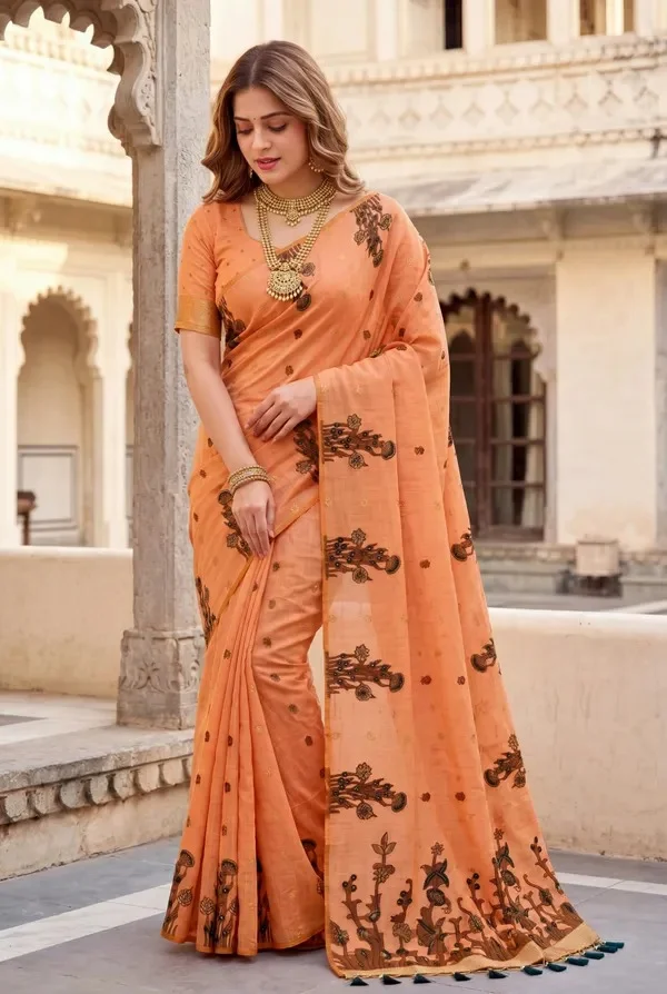 Product ID: 0j9N9XAT  Premium Soft Muga Cotton sarees with Beautiful Colourfull Resham Weaving Flower Design Pallu Wit 4