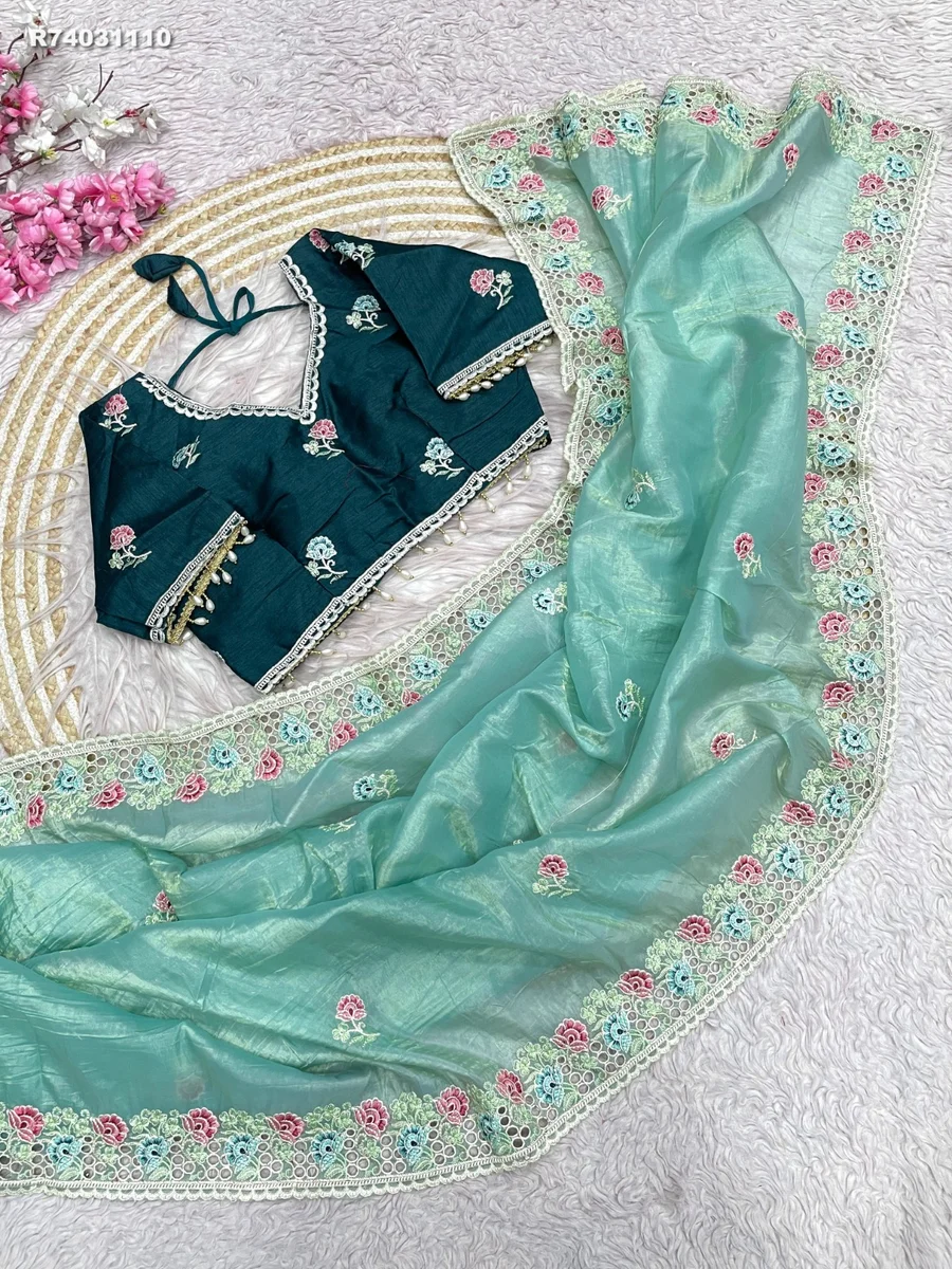 RK ethinics...Fabric: Soft Gold karsh Fabric  Blouse : Mono Banglori Fabric With Multi Embroidery Work (Stich blouse 38_42)