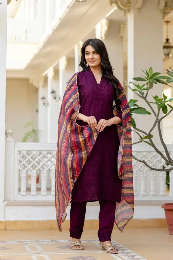 Product ID: jkk5roqd  Maroon Roman Silk Chikankari Kurti Pant Set with Kota Dupatta | Festive Ethnic Wear for Women 3