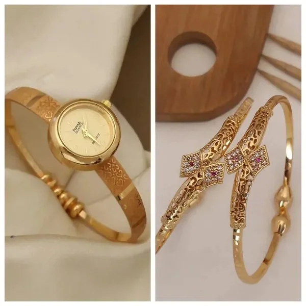Product ID: _9wMuLwn  Bestseller Micro Gold Plated Designer Fancy Watch And Adjustable Bracelet Combo