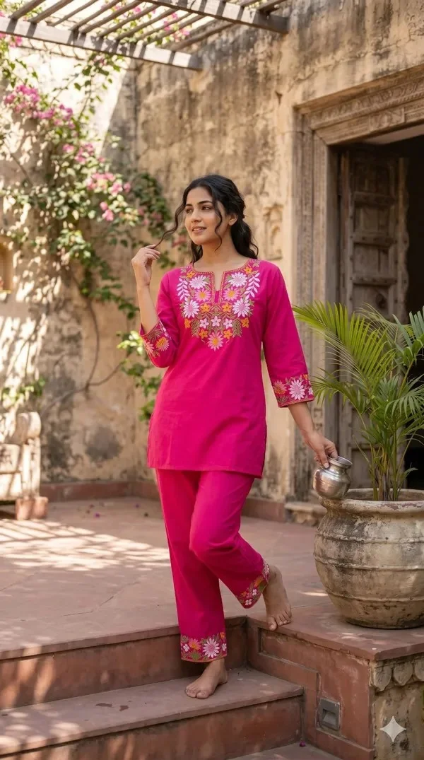Product ID: Z_L6dSLU  Embroidery Work Pink Color Cotton Co_erd Set 2