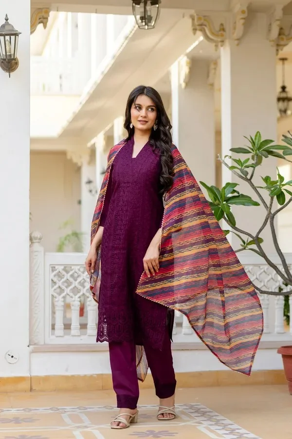 Product ID: jkk5roqd  Maroon Roman Silk Chikankari Kurti Pant Set with Kota Dupatta | Festive Ethnic Wear for Women 6