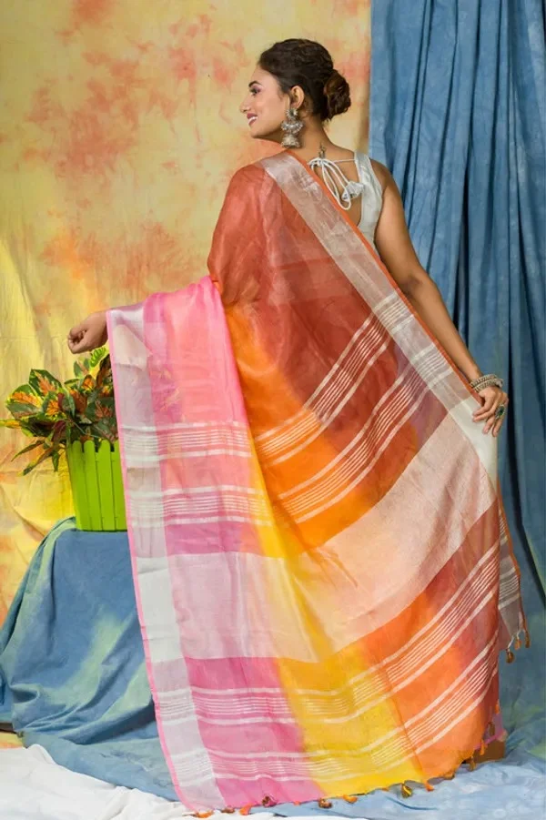 Product ID: 0W-Q1G8y  Multi Color Dye Handloom Linen Bhagalpuri Saree for women's 2