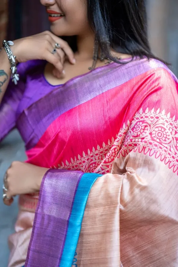 Product ID: QK1l1rSM  Soft Tussar Silk sarees with Beautiful Print With Attractive Border And Contrast Print Blouse 3