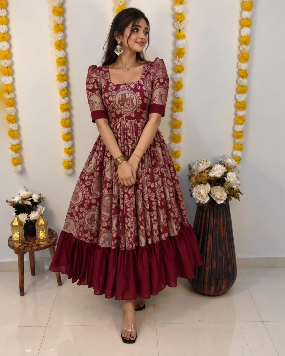RK Ethinic .....Launching Traditional Kalamkari Frocks with a Stylish Contrast Color Fusion