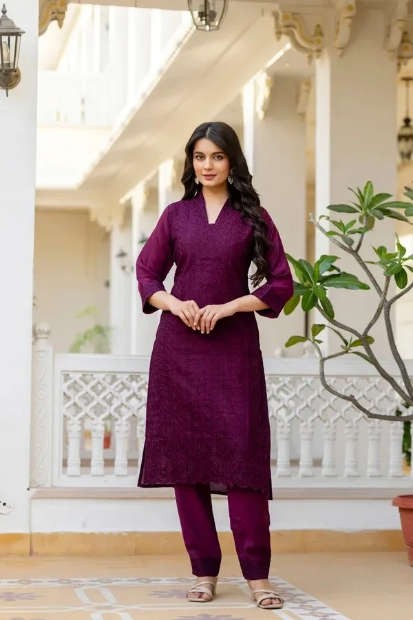 Product ID: jkk5roqd  Maroon Roman Silk Chikankari Kurti Pant Set with Kota Dupatta | Festive Ethnic Wear for Women 5