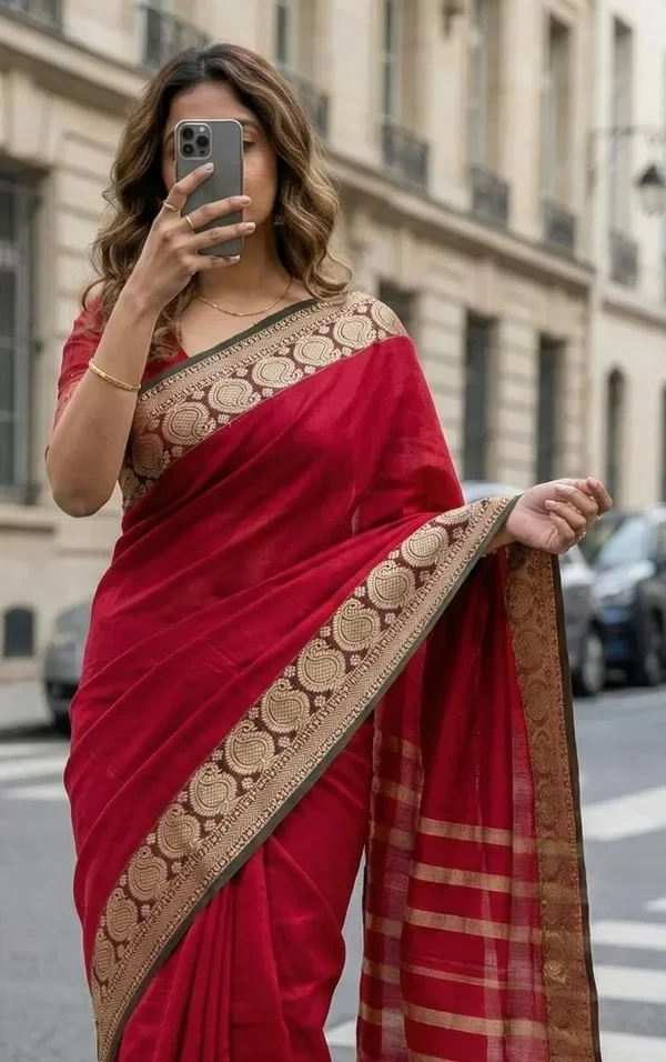 Product ID: zomioGO5  Mango thread Border mercerised naraynpet cotton 100% with 6.20 m saree & 0.80 cm running blouse red