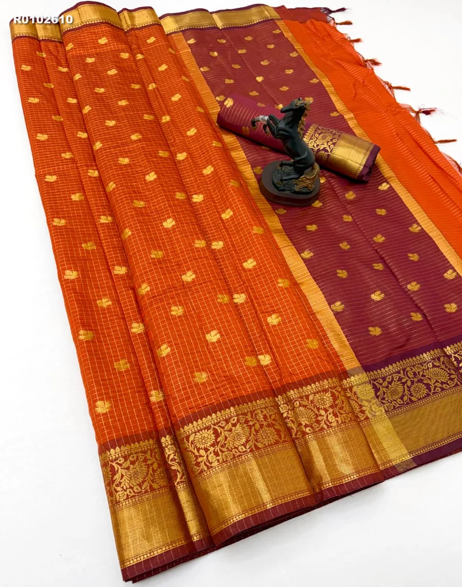 RK ethinics....Banarasi Katan Silk Saree With With Amezing Colour Combination And Zari Border Beautiful Checks Design With Dutta