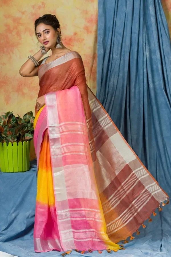 Product ID: 0W-Q1G8y  Multi Color Dye Handloom Linen Bhagalpuri Saree for women's 3