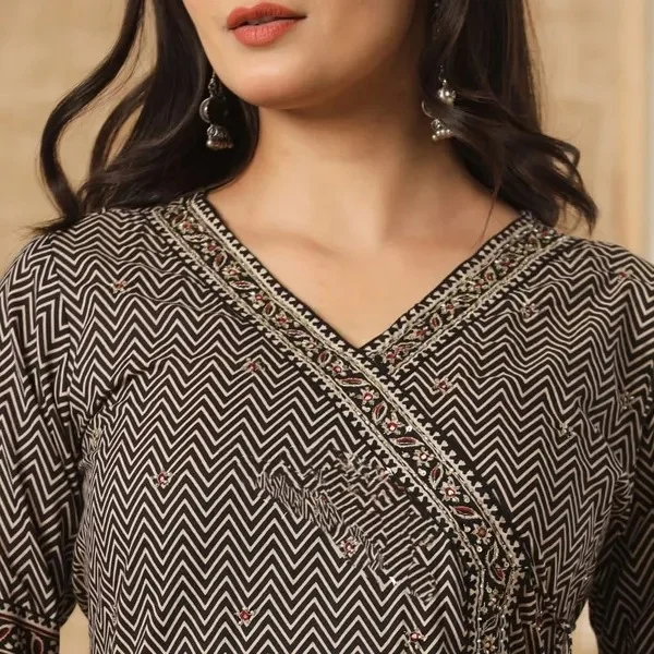 Product ID: NcQ5cuHo  Anarkali Printed ZigZag Black Cotton Suit Set 3