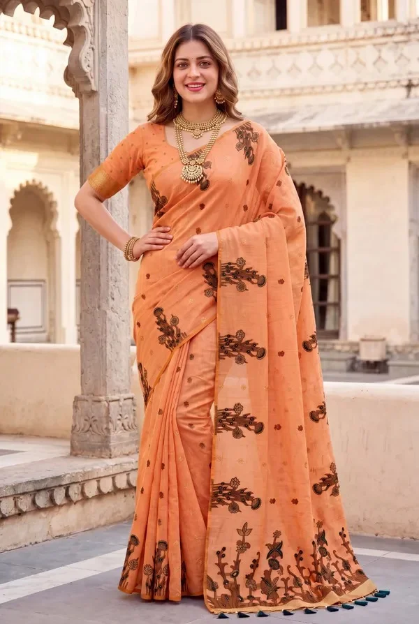 Product ID: 0j9N9XAT  Premium Soft Muga Cotton sarees with Beautiful Colourfull Resham Weaving Flower Design Pallu Wit 3