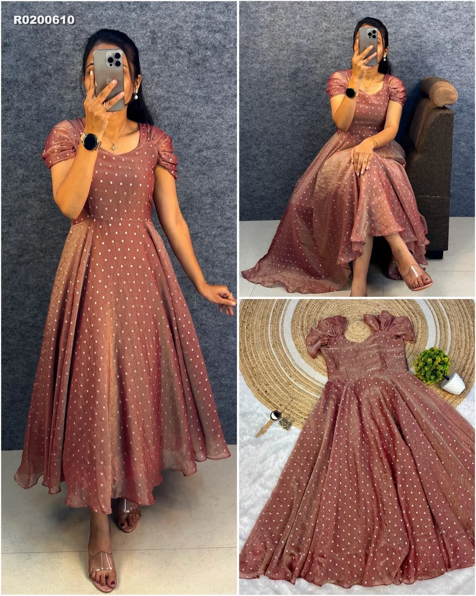 Rk ethinic ...Launching New Designer princess party wear Tissue butti midi gown 2