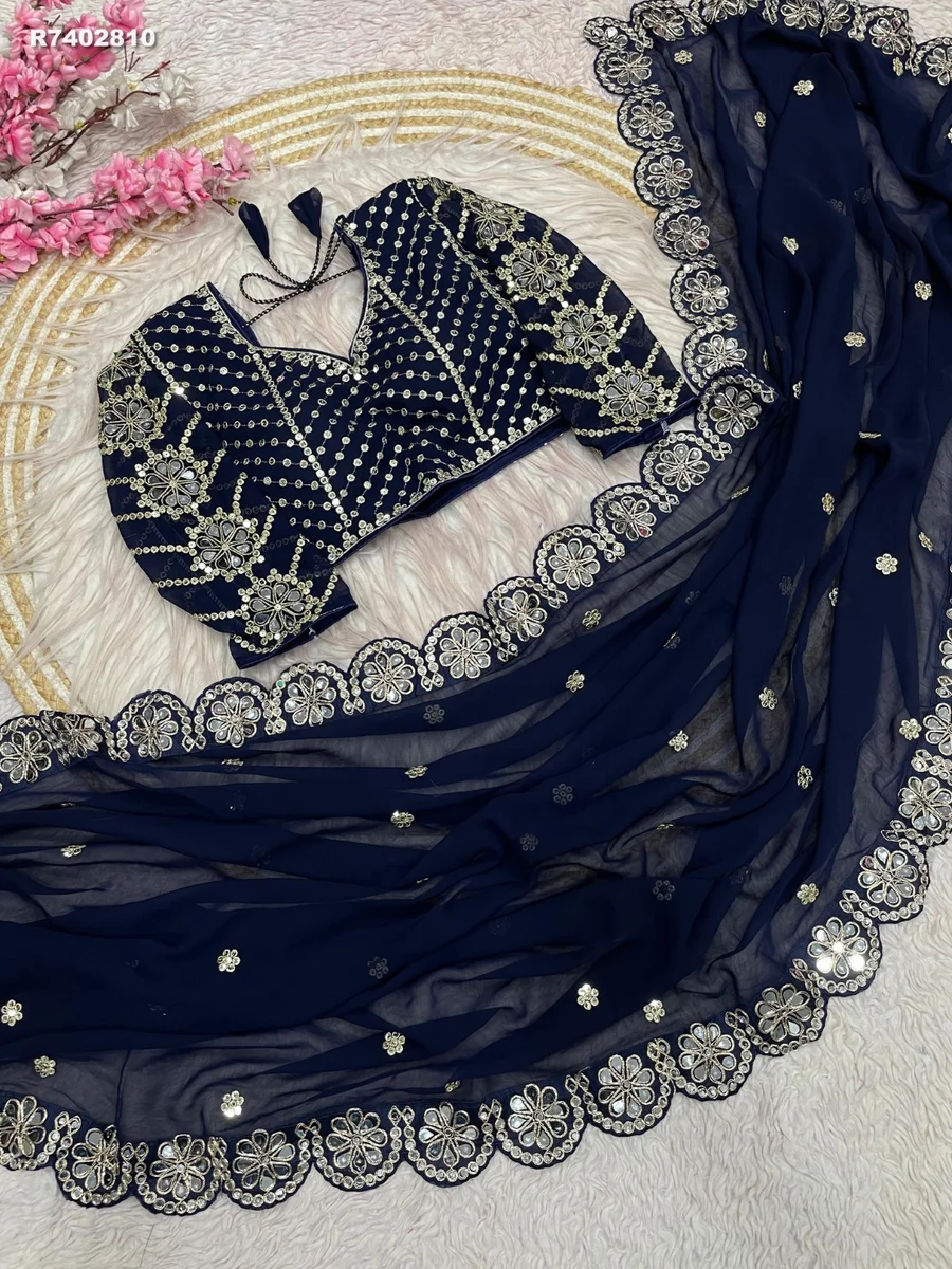 RK ethinics ...*Work *: -Fox Georgette With Embroidery work with Coding lace Border in saree With original mirror
