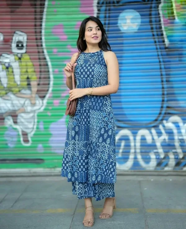 Product ID: aXy1v5dF  Aline Halter Nack Blue Kurti Plazo Set 3