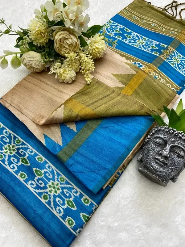 Product ID: m0ymzeyf  Soft Tussar Silk sarees with Beautiful Print With Attractive Border And Contrast Print Blouse