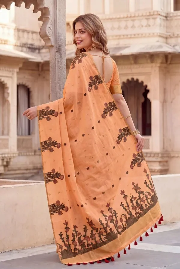 Product ID: 0j9N9XAT  Premium Soft Muga Cotton sarees with Beautiful Colourfull Resham Weaving Flower Design Pallu Wit