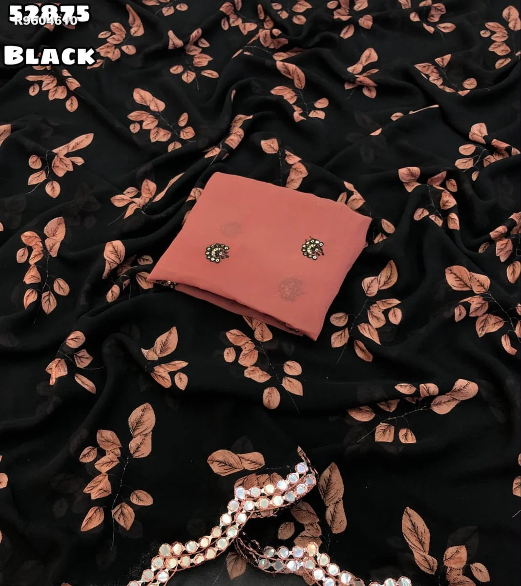 Rk ethinics... Soft weightless chiffon floral print with embroidery & foil mirror work with scalloped  cutwork border  Blouse - Contrast embroidery & sequence work blouse 3