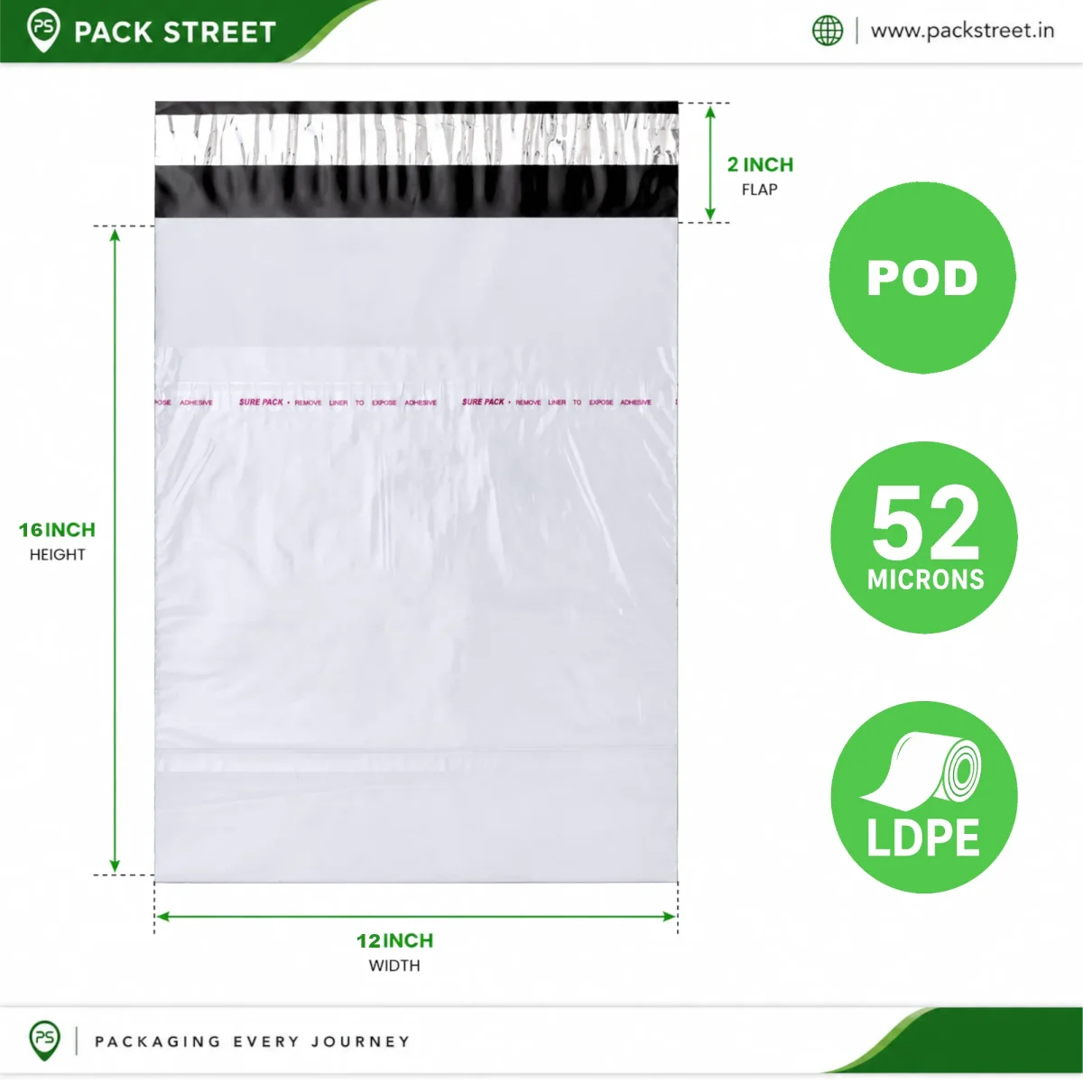 12x16 Plain Courier Bag With POD  (52 Micron)