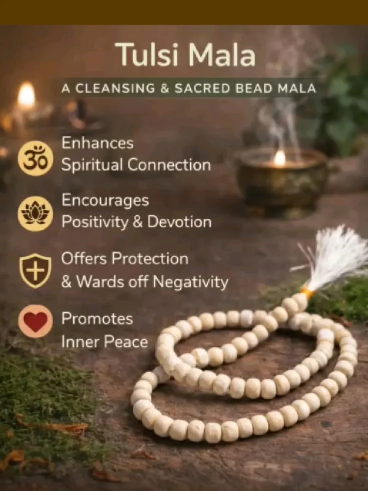 A Tulasi (Tulsi) Mala, crafted from the stems or roots of the Holy Basil plant, is revered in both Ayurvedic tradition and Hinduism for its profound physical an