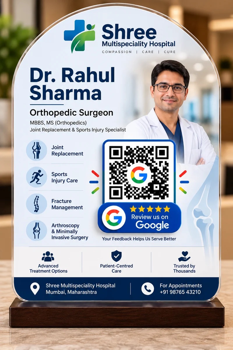 Custom Doctor Acrylic QR Standee with Wooden Base – Google Reviews & Instagram