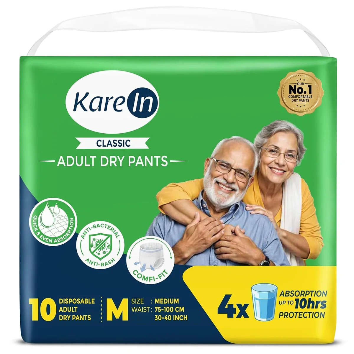 Karein Classic Adult Diaper Pant M Size, Medium, Waist (75-100 cm 30'-40'), 10 Unit, Long Protection Hour, Unisex, Quick & Even Absorption, Anti-Bacterial, Leakproof,