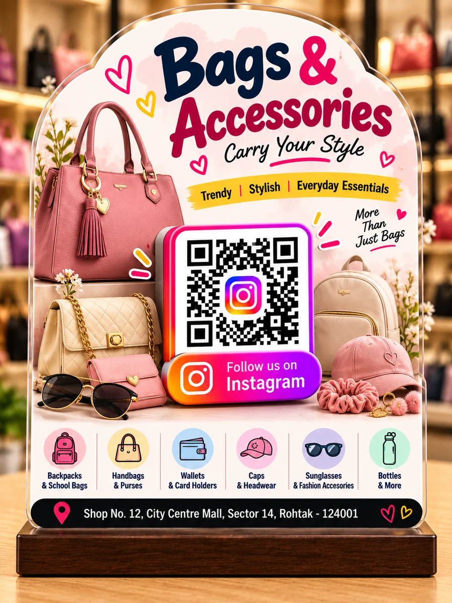 Custom Acrylic QR Code Standee for lifestyle Products with Wooden Base – Fashion Store Display (Copy)