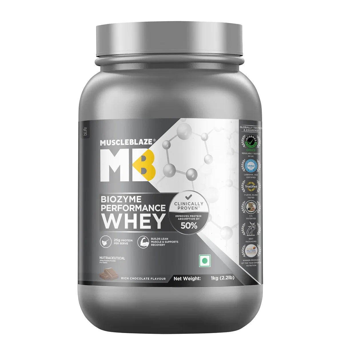 MuscleBlaze Biozyme Performance Whey Protein Powder, 1kg (2.2lbs)