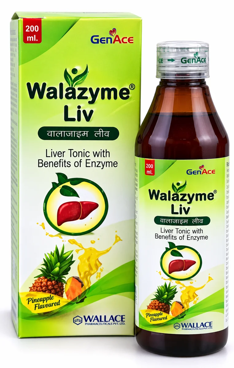 GenAce Walazyme Liv Liver Tonic 200 ml | Ayurvedic Herbal Liver Support Syrup with Enzyme Benefits | Pineapple Flavoured