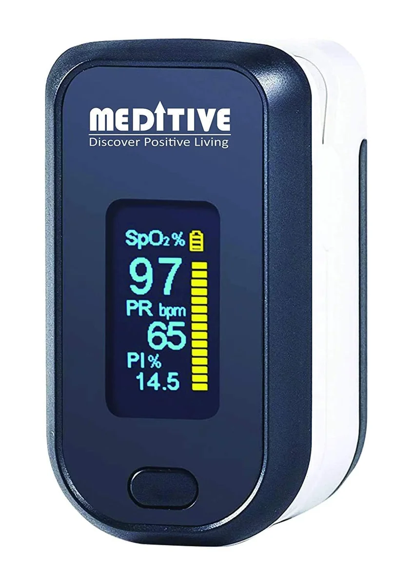 MEDITIVE Fingertip Pulse Oximeter, Dual Color OLED Display Blood Oxygen Monitor with Alarm Feature with Perfusion Index - PI Index and Respiratory Rate (Black Color)