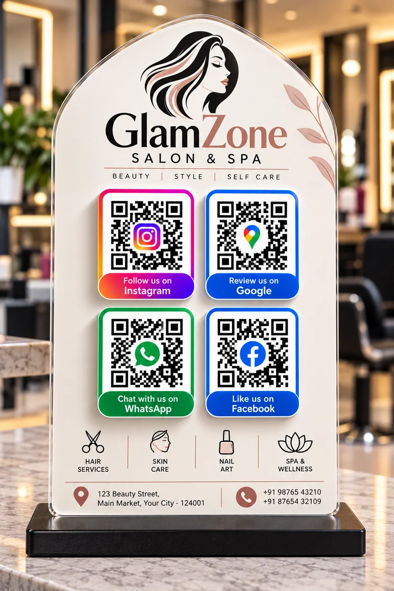Glam Zone Spa & Saloon Acrylic QR Code Standee with Wooden Base
