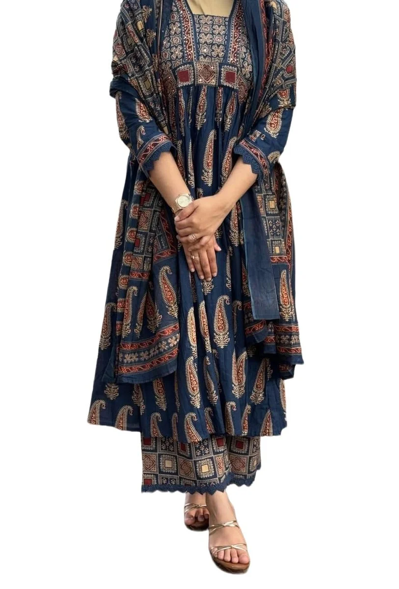 Trending Arika Blue Printed Anarkali Dress | Kurti Pant Set 3 PCS