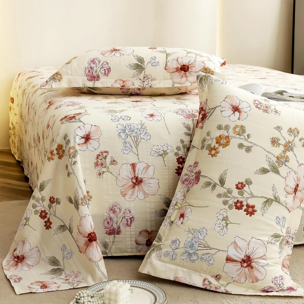 Story@Home King Size Bedsheet | Cloud Cotton Flatsheet King Size with Two Pillow Covers| Super Soft Bed Sheet for King Size Bed | Floral Design (270 x 250 cm, Off White & Red)210 TC