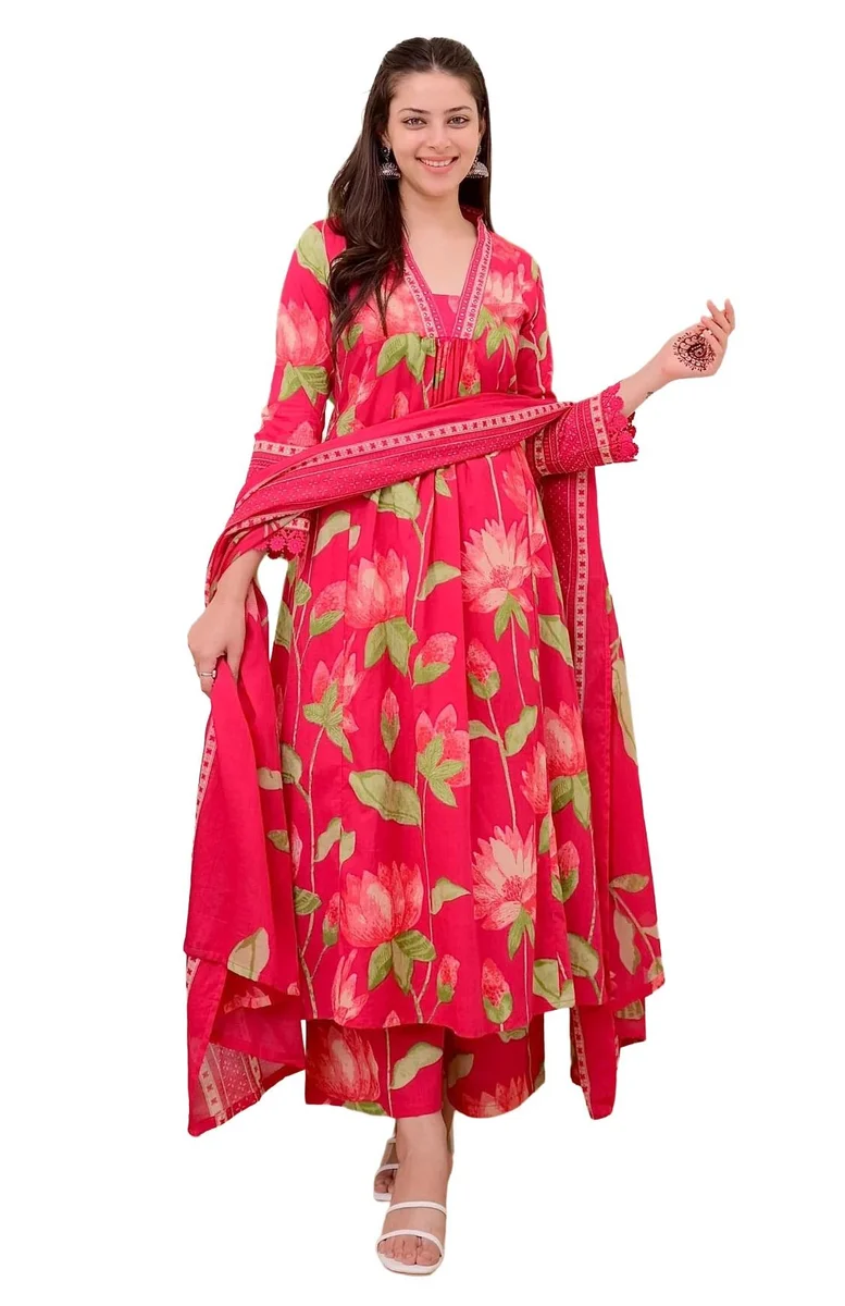 Trending Jannat Pink Printed Anarkali Dress | Kurti Pant Set 3 PCS