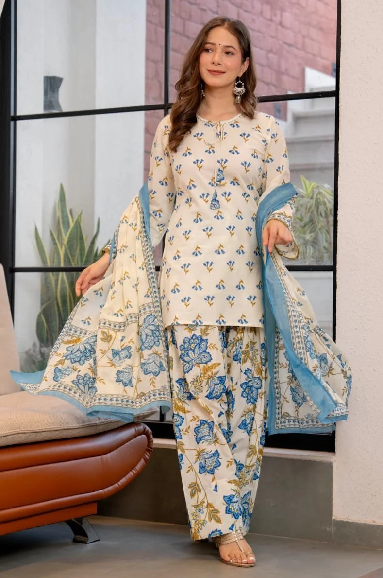 Elegent Style Short Kurti with Printed Plazzo Pratika white Dress