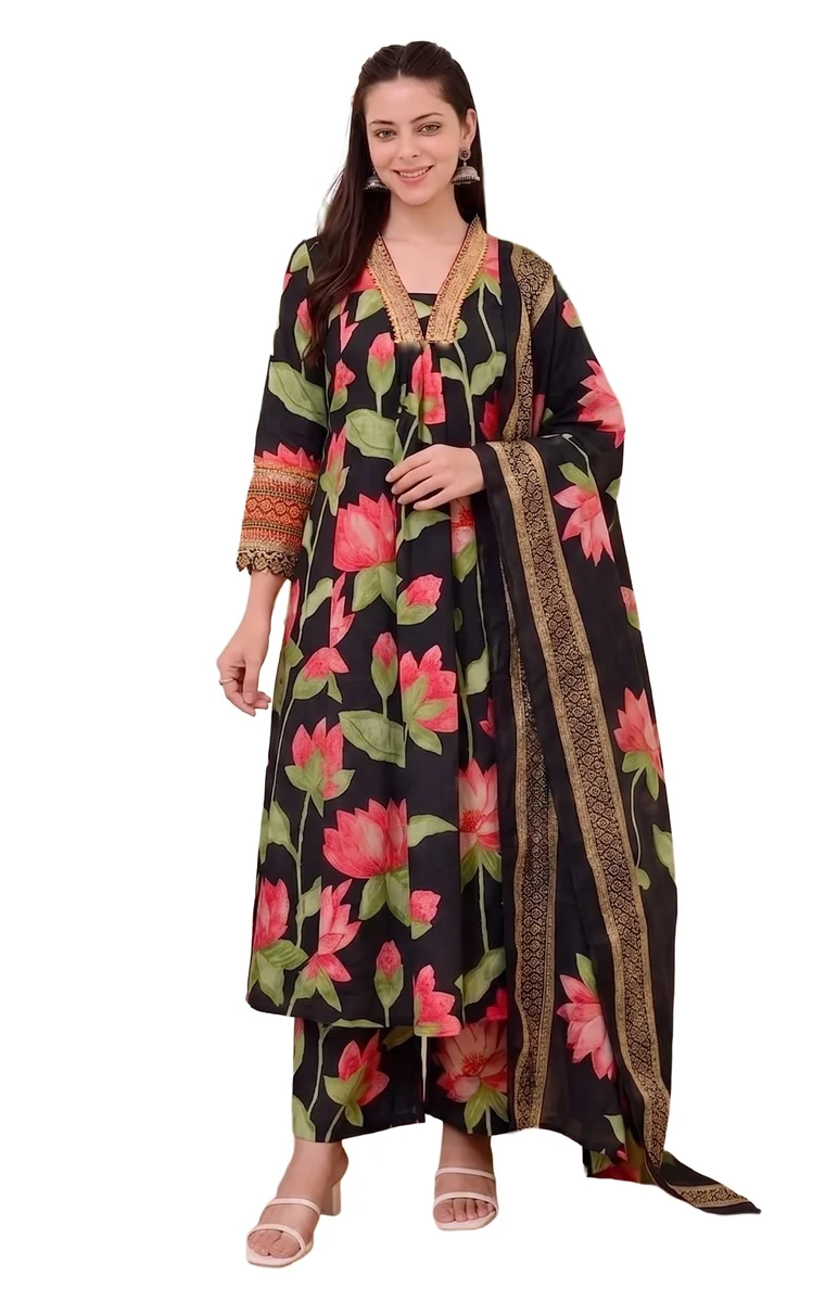Trending Jannat Black Printed Anarkali Dress | Kurti Pant Set 3 PCS